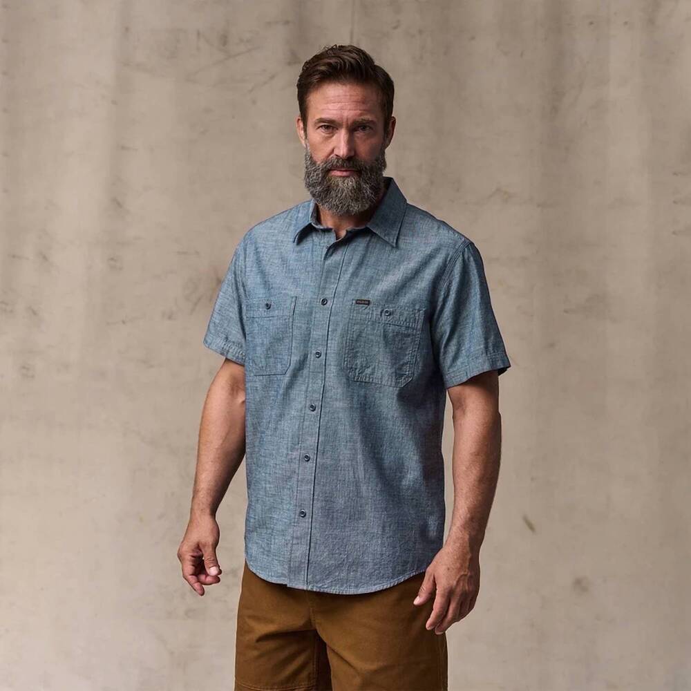 NEW FILSON short sleeve embroidered shirt in rinsed indigo chambray